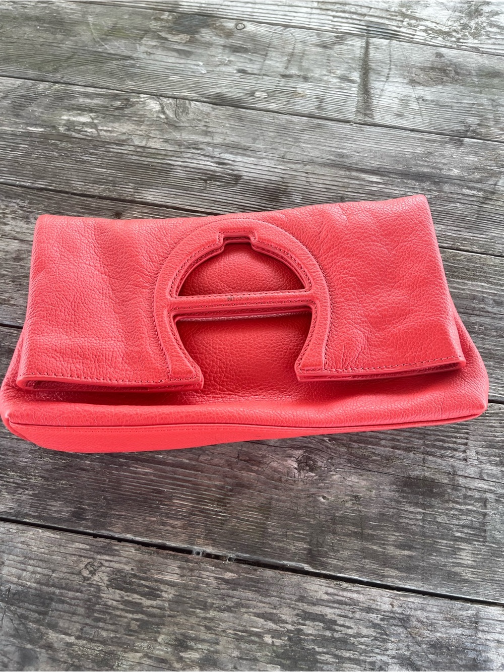 ETIENNE AIGNER Womens Coral Red Leather Fold-Over Clutch GOOD COND